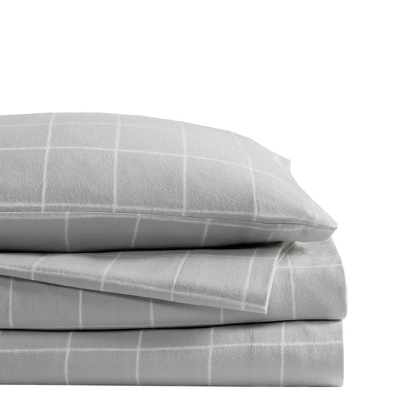 JLA Home True North by Sleep Philosophy - 100% Cotton Flannel Sheet Set Brushed for Extra Warmth with Classic Snowflake Print, Cozy Winter Bedding Grey Windowpane TN20-0612