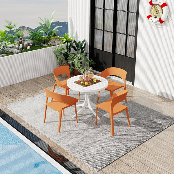 English Elm Summer Polypropylene Round Dining Set Stackable Chairs Uv Resistant Indoor Outdoor Patio Tropical Orange,White W3450S00027