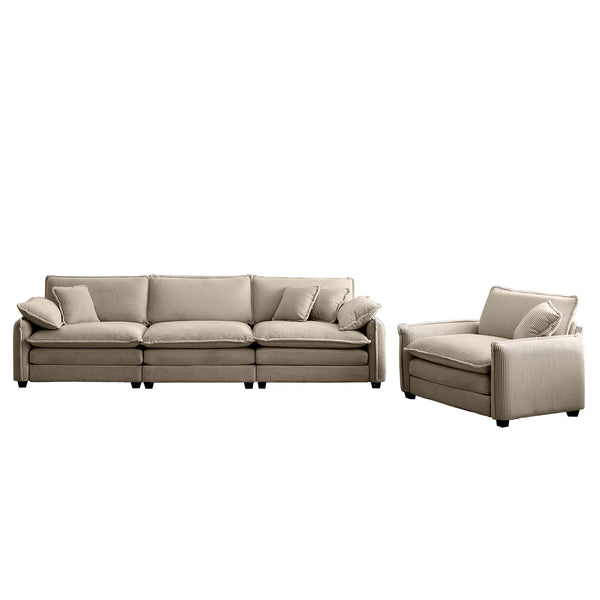 English Elm Mid-Century Modern Sofa Set: 3-Seater & Single Seat With Pillows, Plush Tan Corduroy For Comfort W714S00716