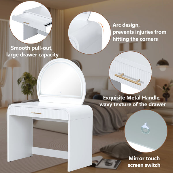 English Elm 39" Makeup Vanity Table with Touchscreen LED Mirror, Sleek Dressing Table with Drawer and Glass Top - Durable Rubberwood, Fast Assembly White N704P196658K