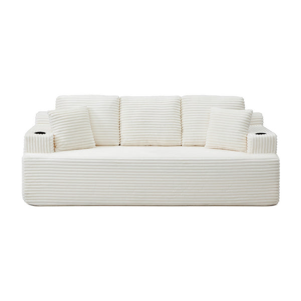 English Elm Boneless Floor Sofa Corduroy Upholstered 5 Seat Low Profile with Cup Holders for Living Room Beige W1117S00437