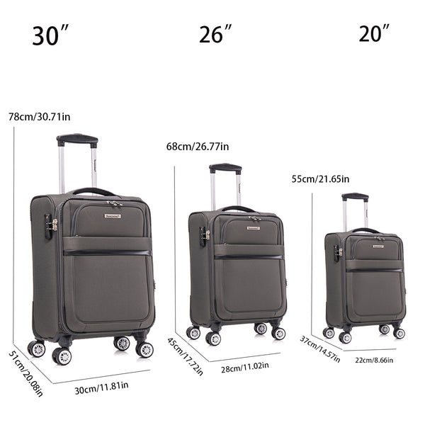 English Elm 3-piece Soft Shell Luggage Set with Swivel Wheels Telescopic Handle and Password Lock Grey T3292P343342
