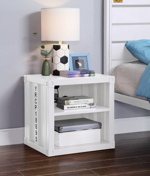 English Elm Cargo White Finish Nightstand with USB Ports, Industrial Metal Cargo Design, 2 Open Shelves, Sturdy Stable Base B2726P263369