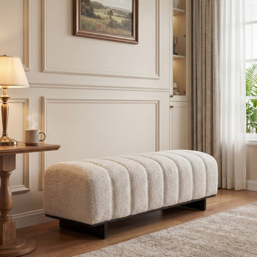 English Elm Indoor Channel Tufted Chenille Upholstered Bench Rubberwood Legs Entryway Dining N779P367309B