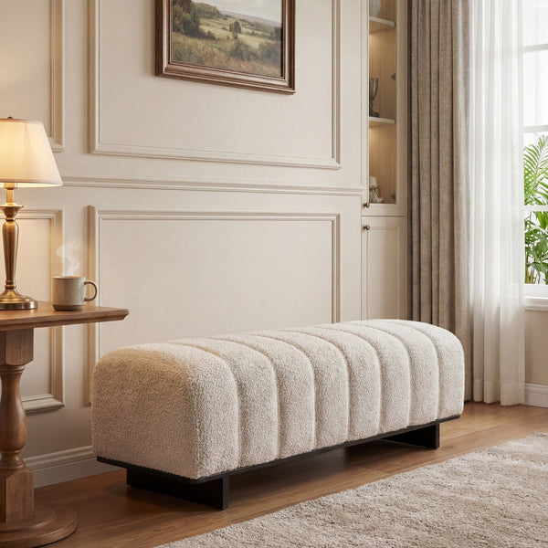 English Elm Indoor Channel Tufted Chenille Upholstered Bench Rubberwood Legs Entryway Dining N779P367309B