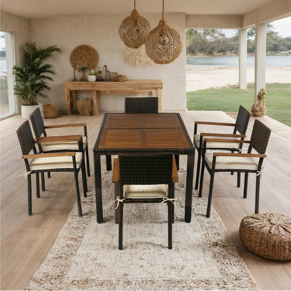 English Elm 7 piece Outdoor Patio Wicker Dining Set with Acacia Wood Table Brown Rattan Cream Cushions, Durable Elegance W329S00053