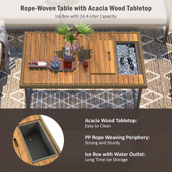 English Elm K&K 6-Piece Rope Patio L-Shaped Sectional Set with Acacia Wood Ice Box Table and Deep Cushions Beige+Brown N707S000014Z