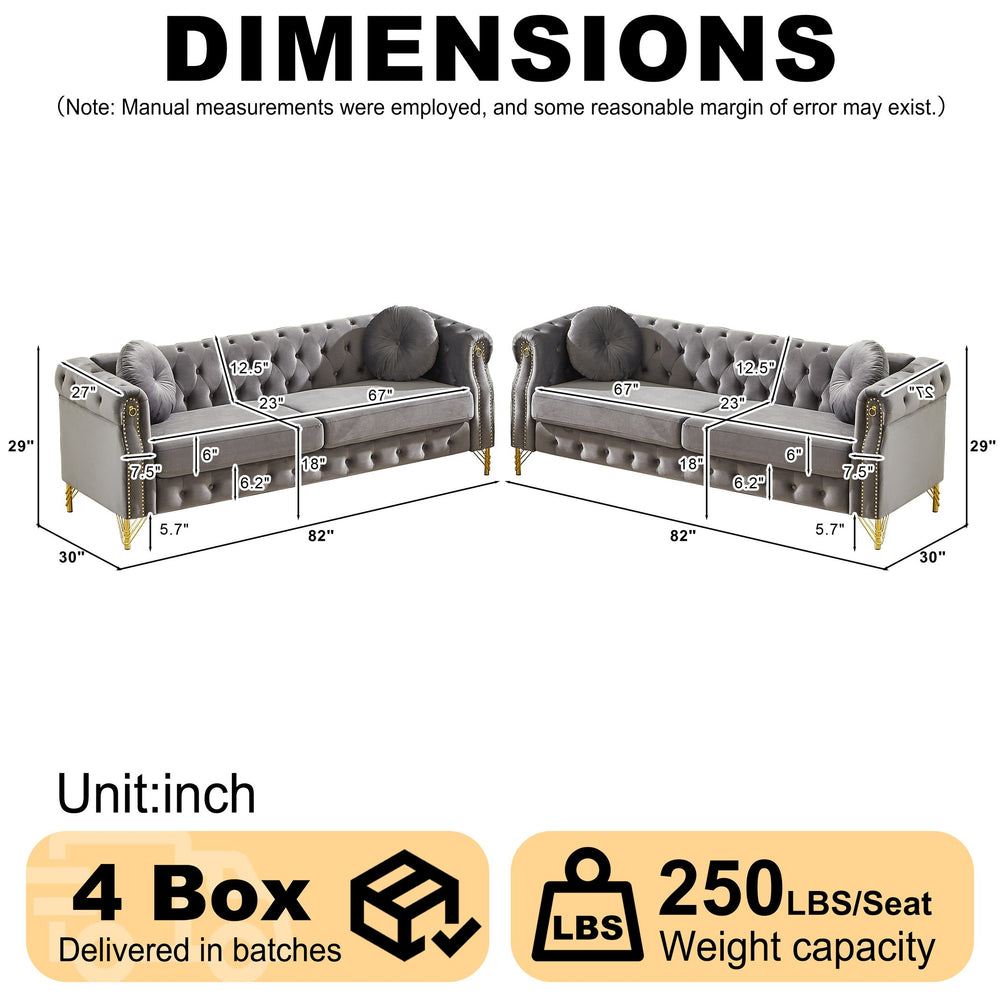 English Elm Velvet Chesterfield Tufted Sofa with Copper Stud Trim and Gold Legs for Glam Living Grey W834S00624