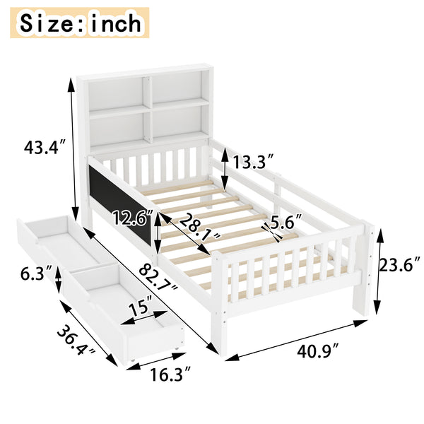 English Elm Twin Chalkboard Platform Bed with Drawers & Shelves, Solid Wood Kids Bed with Storage and Creative Headboard White W1580P362704