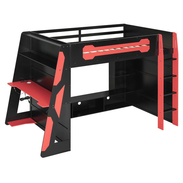 English Elm Full Size Wood Loft Bed with Rgb Lighting Desk Storage and Gaming Console Shelf Red LT000260AAR