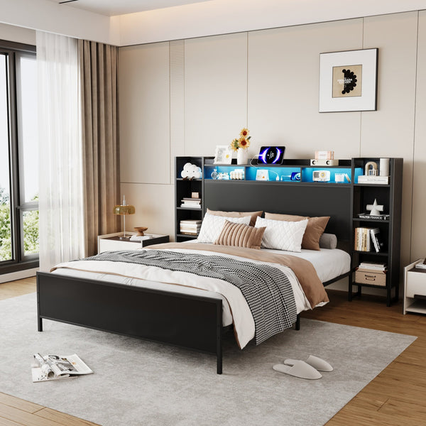 English Elm Twin Metal Platform Bed Bookcase Headboard Usb Charging Led Lights Industrial Frame W1670P459739