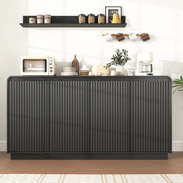 English Elm Black Fluted Wave Door Media Console with Built-in Power Outlet and Adjustable Shelving Black W409P452057