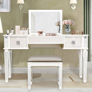 English Elm Mirrored Vanity Desk with Drawers and Flip-Up Mirror, Silver PU Stool, Crystal Knobs, Storage Elegance W2170P209976