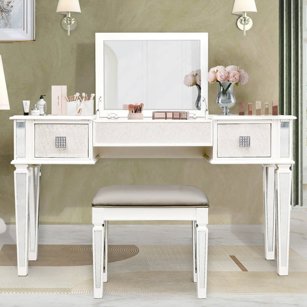 English Elm Mirrored Vanity Desk with Drawers and Flip-Up Mirror, Silver PU Stool, Crystal Knobs, Storage Elegance W2170P209976