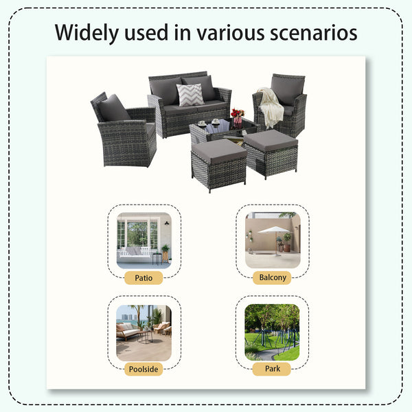 English Elm 6 Piece Outdoor Wicker Conversation Set with Tempered Glass Table and Ottomans W874P264688