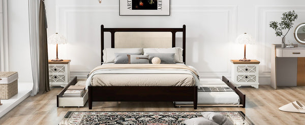 English Elm Queen Size Wooden Rattan Platform Bed With Spacious Storage Drawers & Twin Trundle In Espresso Finish N820S00002P-GIGA