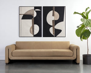 Sunpan Romer Sofa - Luxurious Nubuck Tan Leather with Distressed Brown Oak Legs for Cozy Living Spaces