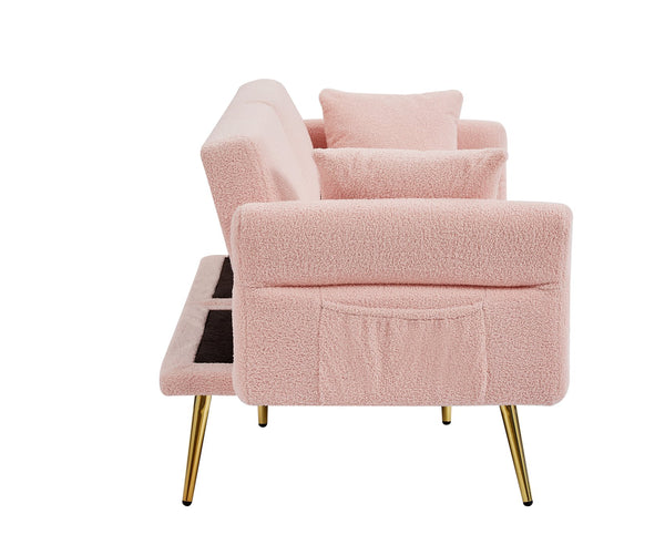 English Elm Modern Teddy Upholstered Loveseat Sofa Bed with Adjustable Backrest, Foldable Armrests & Gold Legs Pink W1117P303443
