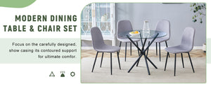 English Elm Table Set With Modern Transparent Glass Top & 4 Light Gray Linen Dining Chairs For Stylish Spaces W1151S03669-GIGA