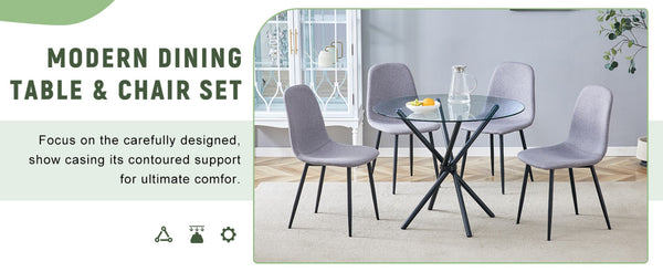 English Elm Table Set With Modern Transparent Glass Top & 4 Light Gray Linen Dining Chairs For Stylish Spaces W1151S03669-GIGA