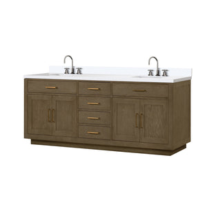 English Elm Grey Oak Double Bath Vanity 84"W x 22"D with White Quartz Top, Chrome Gooseneck Faucets, Soft-Close Drawers B2731P257870