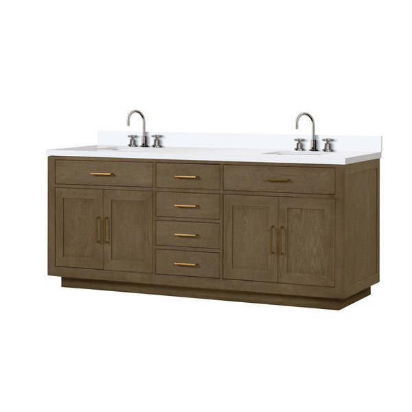 English Elm Grey Oak Double Bath Vanity 84"W x 22"D with White Quartz Top, Chrome Gooseneck Faucets, Soft-Close Drawers B2731P257870