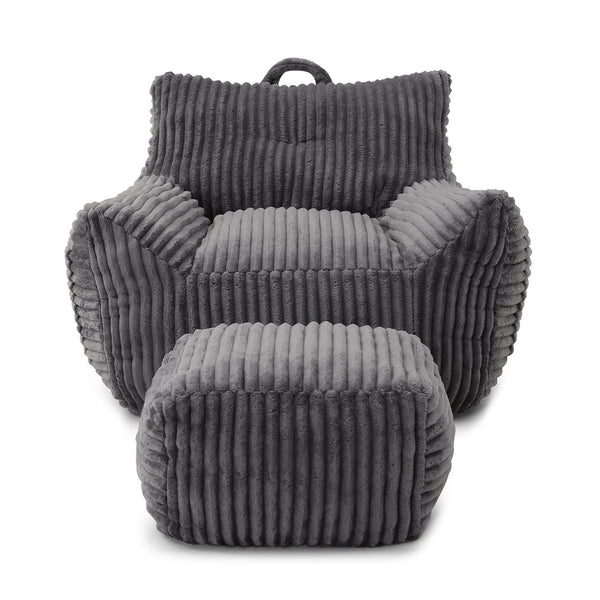 English Elm Giant Plush Bean Bag Chair with Armrests and Footstool for Ultimate Comfort, Durable Corduroy Lounge Sofa Grey W1117P309391