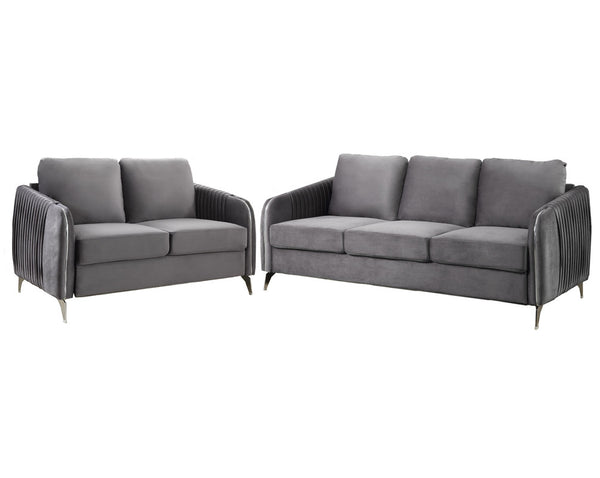 English Elm Hadriano Velvet Sofa and Loveseat Set with Channel Quilting and Chrome Legs Gray B2749S00137