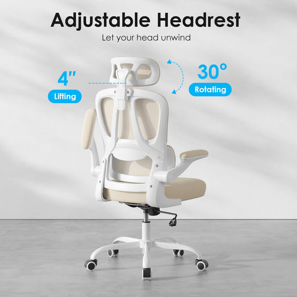 English Elm Ergonomic Mesh High Back Desk Chair with Lumbar Support Flip up Arms and Headrest Khaki,White T3623P434272