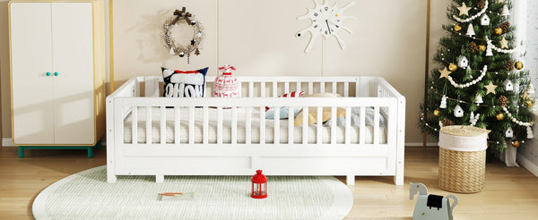 English Elm Twin Xl Platform Bed Frame With Guardrails - Solid Pine Wood, Convertible To Queen, White Finish W1580S00241-GIGA