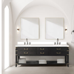 English Elm Black Oak Double Bath Vanity With White Quartz Top, Chrome Faucet, & Two 36" Mirrors For Luxury Spaces B2731S02206