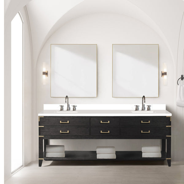 English Elm Black Oak Double Bath Vanity With White Quartz Top, Chrome Faucet, & Two 36" Mirrors For Luxury Spaces B2731S02206
