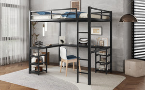 English Elm Full Metal Loft Bed With Desk & Shelves - Space-Saving Design, Safety Guardrails, Modern Black Frame W1580S00049