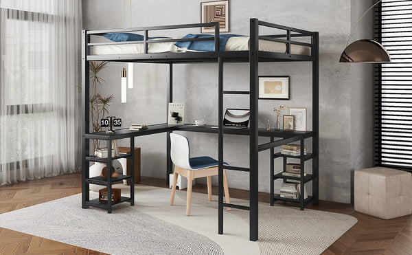 English Elm Full Metal Loft Bed With Desk & Shelves - Space-Saving Design, Safety Guardrails, Modern Black Frame W1580S00049