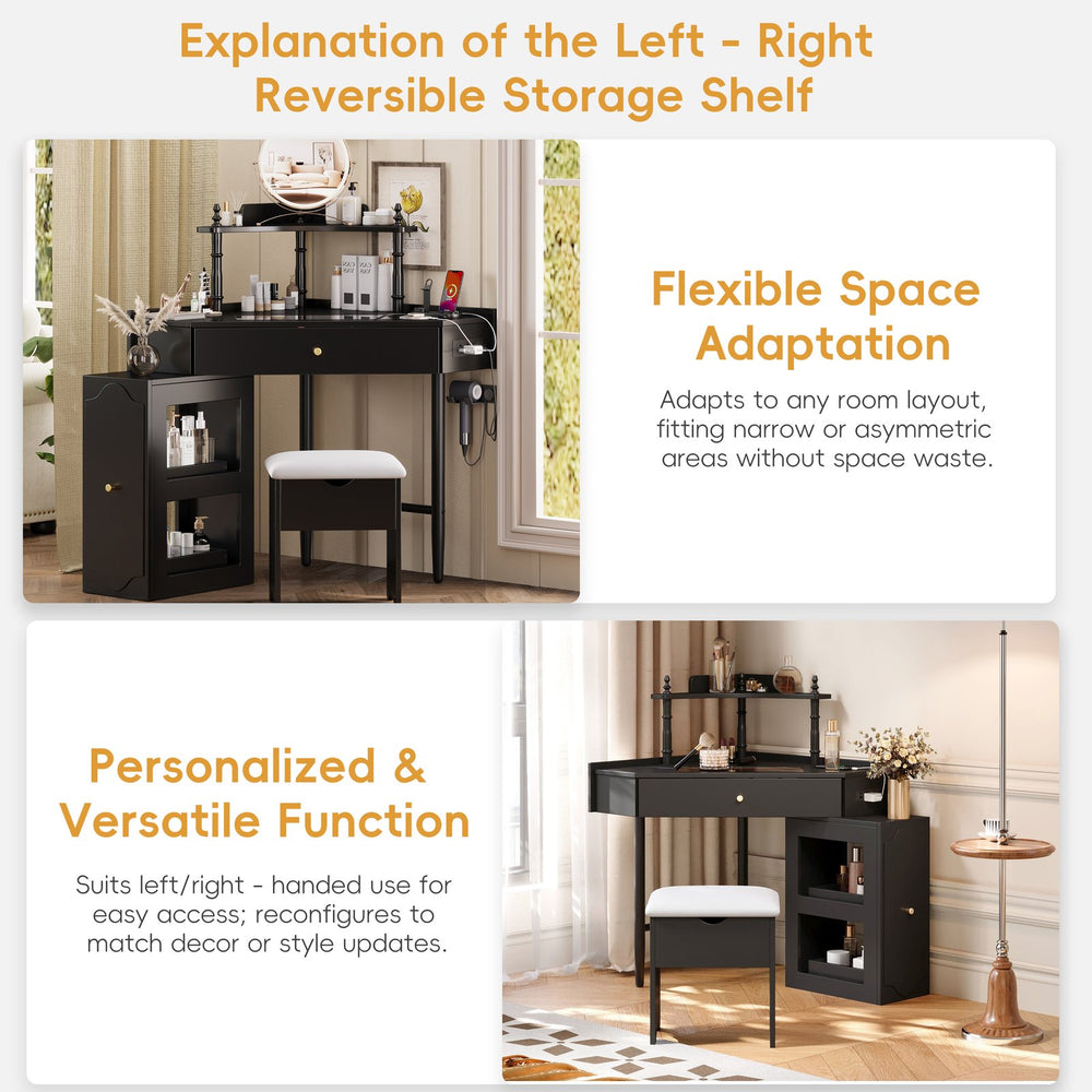 English Elm Corner Vanity Desk Set with Stool Charging Station Glass Top Pull-Out Cabinet Jewelry Organizer Black 35.82 L x 32 W x 8 H N733P336237B