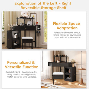 English Elm Corner Vanity Desk Set with Stool Charging Station Glass Top Pull-Out Cabinet Jewelry Organizer Black 35.82 L x 32 W x 8 H N733P336237B