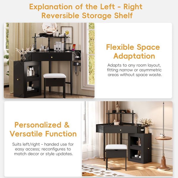 English Elm Corner Vanity Desk Set with Stool Charging Station Glass Top Pull-Out Cabinet Jewelry Organizer Black 35.82 L x 32 W x 8 H N733P336237B