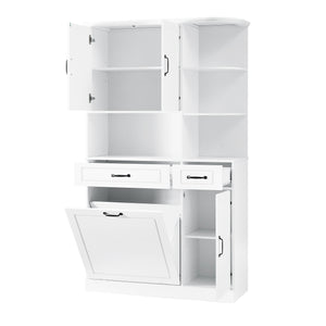 English Elm Tall Freestanding Organizer Cabinet with Tilt-Out Hamper, 2 Drawers, Adjustable Shelves, Modern White MDF Storage N725S352451K