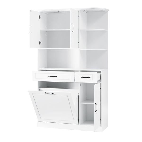 English Elm Tall Freestanding Organizer Cabinet with Tilt-Out Hamper, 2 Drawers, Adjustable Shelves, Modern White MDF Storage N725S352451K
