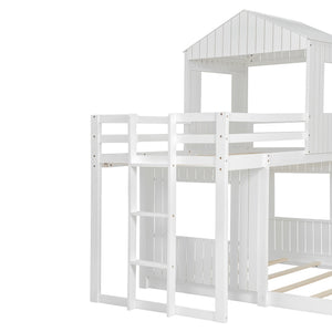 English Elm Wooden Twin Over Full Bunk Bed Farmhouse Playhouse Design with Ladder Guardrails LT000327AAK-1