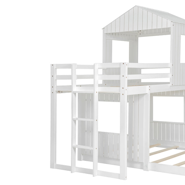English Elm Wooden Twin Over Full Bunk Bed Farmhouse Playhouse Design with Ladder Guardrails LT000327AAK-1