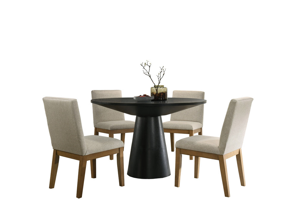 English Elm Jacopo Round Pedestal Dining Set Seats Four with Ebony Frame Beige Upholstered Chairs B2749S00344