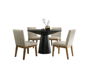 English Elm Jacopo Round Pedestal Dining Set Seats Four with Ebony Frame Beige Upholstered Chairs B2749S00344