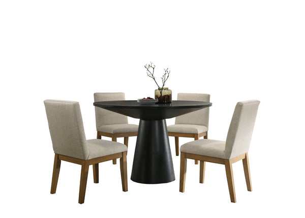 English Elm Jacopo Round Pedestal Dining Set Seats Four with Ebony Frame Beige Upholstered Chairs B2749S00344