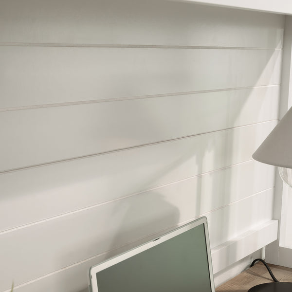 English Elm Hutch, White finish - Compact Engineered Wood Storage with Double-Door Cabinet, Open Shelves, Bead Board Detailing B356P367847