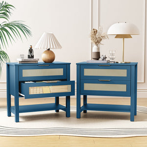 English Elm Rattan Front Boho Coastal Nightstand with Gold Pulls Open Shelf and Woven Drawer Accents Turquoise T3210P471549