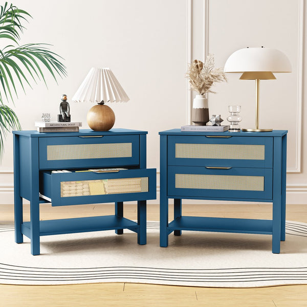 English Elm Rattan Front Boho Coastal Nightstand with Gold Pulls Open Shelf and Woven Drawer Accents Turquoise T3210P471549