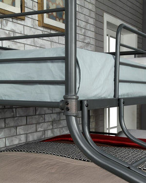 English Elm Twin Over Full Over Queen Industrial Bunk Bed - Metal Frame, Antique Black Finish & Curved Ladder B2741S00350-GIGA