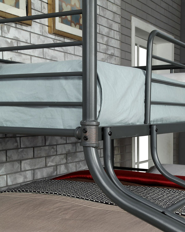 English Elm Twin Over Full Over Queen Industrial Bunk Bed - Metal Frame, Antique Black Finish & Curved Ladder B2741S00350-GIGA