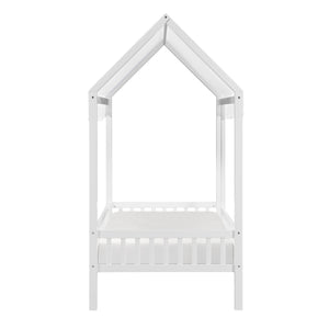 English Elm Gray Finish Canopy Platform Bed Scalloped Fabric Cover Solid Wood Twin Frame White B011P463889